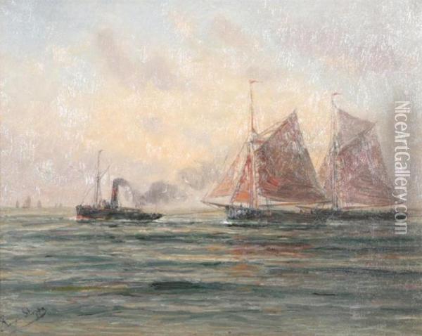 Marine With Yachts And Steamers Oil Painting - Romain Steppe
