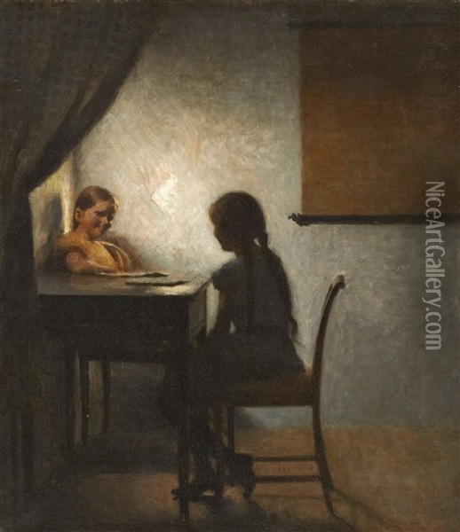 Interior With Two Girls Oil Painting - Peter Vilhelm Ilsted