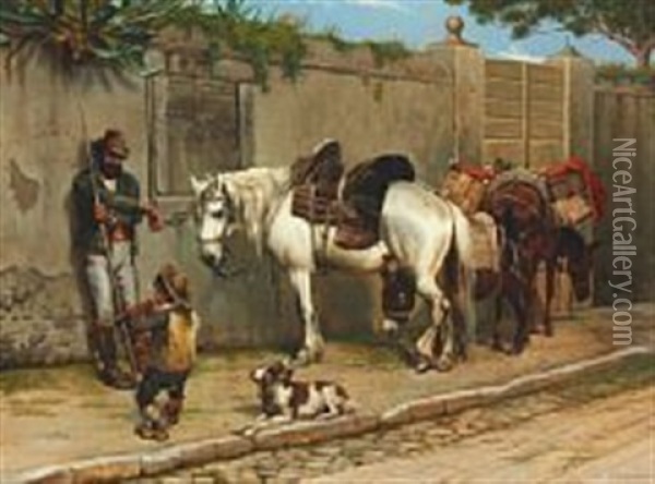 South European Street Scenery With Music Rendering Boy, A Dog, Horses And A Donkey Oil Painting - Simon Simonsen