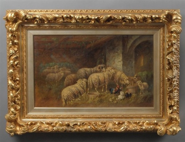 Sheep And Fowl In A Barn Oil Painting - Johanna Grell