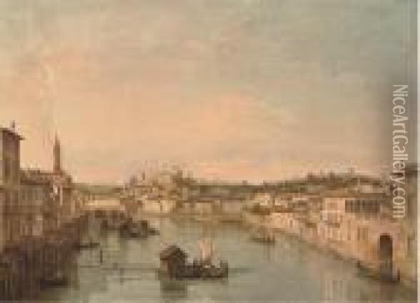The River Adige From The Ponte Nuovo Oil Painting - Bernardo Bellotto