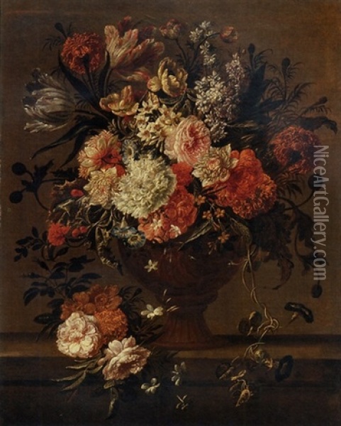 Tulips, Roses, Morning Glory And Other Flowers In A Sculpted Vase On A Stone Ledge Oil Painting - Jan-Baptiste Bosschaert