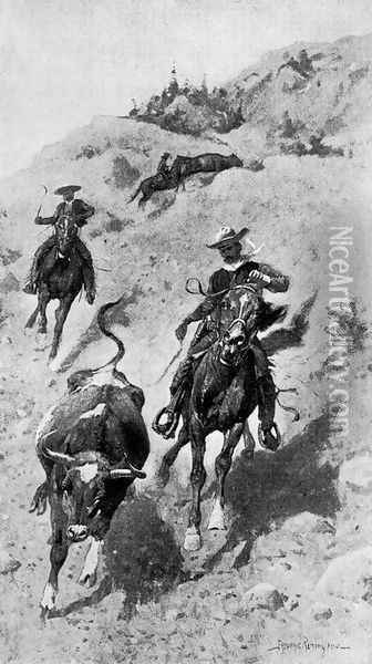 Heading a Steer on the Foothills Oil Painting - Frederic Remington