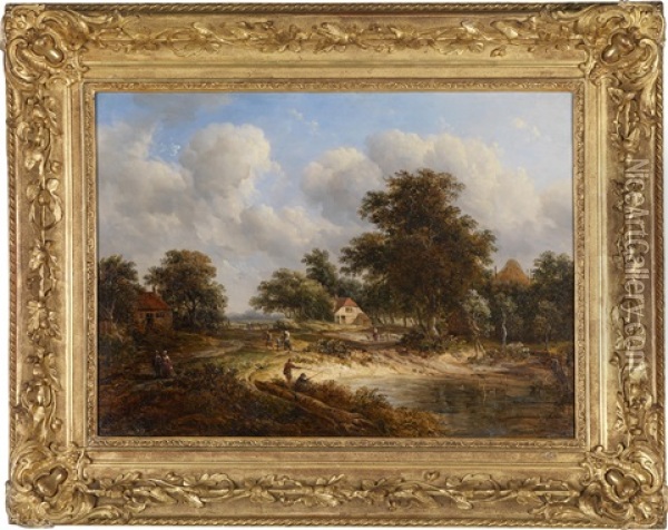 Eine Landschaft Mit Einem Dorf Im Hintergrund Oil Painting - Meindert Hobbema
