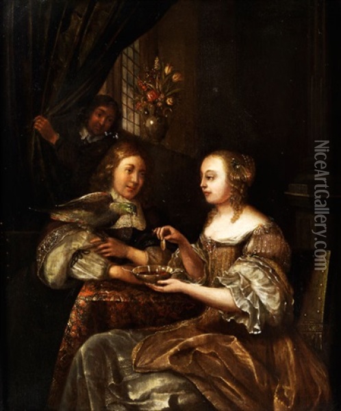 Junges Hofisches Paar In Einem Abgedunkelten Interieur An Einem Tisch Oil Painting - Frans van Mieris the Elder