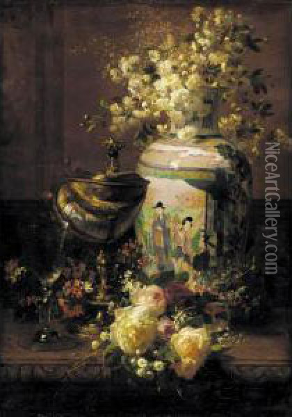 Still Life With Japanese Vase And Flowers Oil Painting - Jean-Baptiste Robie