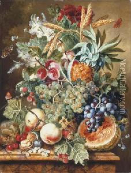 A Pineapple, Plums, Grapes And 
Other Fruit And Flowers In A Basketwith A Melon, Peaches, Cherries, 
Raspberries And Other Fruit On Amarble Ledge Oil Painting - Johannes or Jacobus Linthorst