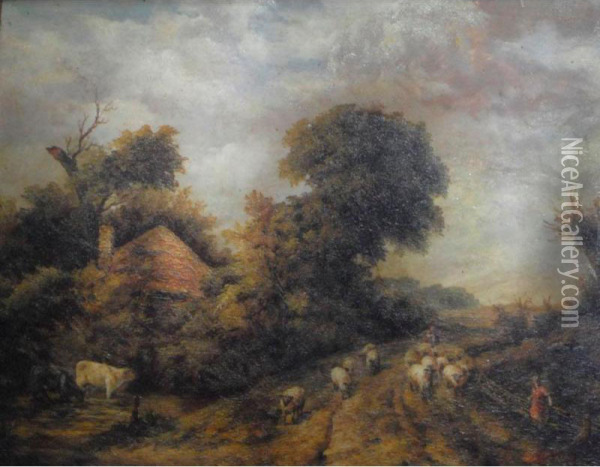 Landscape With Shepherd And Sheep On A Path Oil Painting - C. Hart