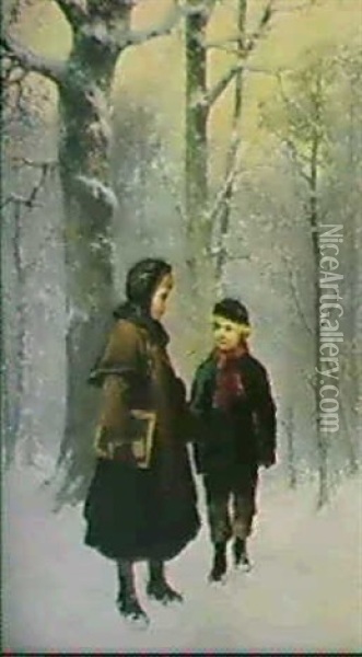 Vintermotiv Med Tva Barn Pa Skogsstig Oil Painting - Johan Severin Nilsson