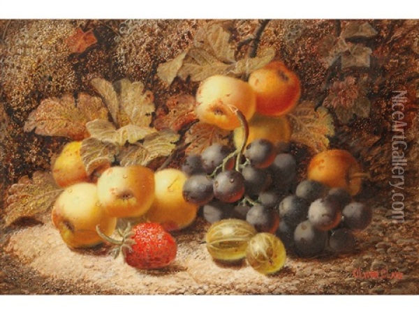 A Still Life Of Soft Fruit Beside A Cabbage Leaf (+ A Still Life Of Grapes And Other Fruit; Pair) Oil Painting - Oliver Clare