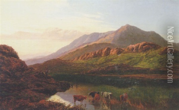 Cattle At The Edge Of A Loch Oil Painting - Sidney Richard Percy