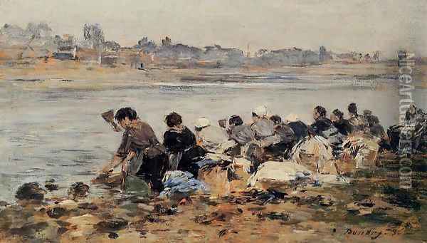 Laundresses on the Banks of the Touques 1886 Oil Painting - Eugene Boudin