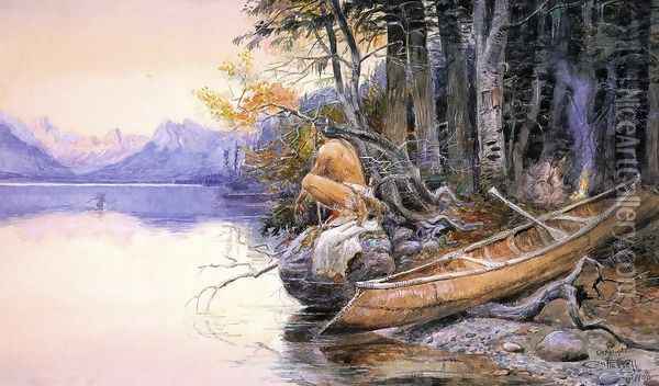 Indian Camp - Lake McDonald Oil Painting - Charles Marion Russell