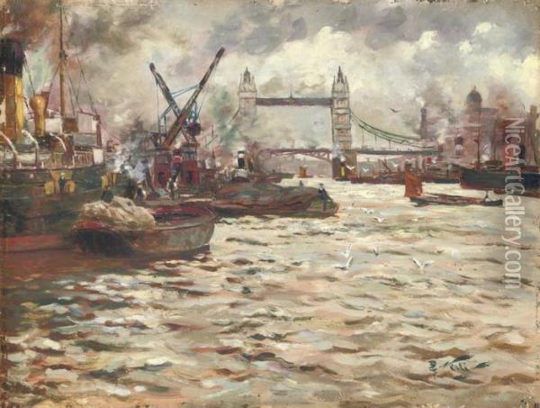Tower Bridge From The Thames, London Oil Painting - Girolamo Pieri B. Nerli