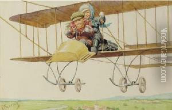 Airplane Ride; Also Five Other Scenes Depicting Children Oil Painting - Karl Feiertag