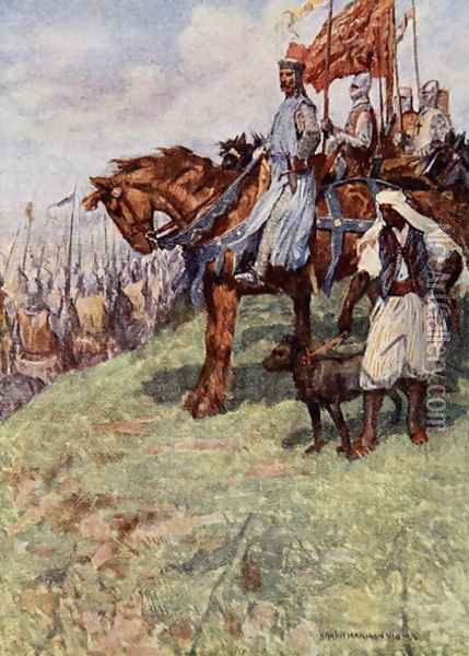 The Lionheart seated on horseback, by his side stood the Nubian slave, holding a hound in leash, illustration from The Talisman A Tale of the Crusaders by Sir Walter Scott Oil Painting - Vedder Simon Harmon