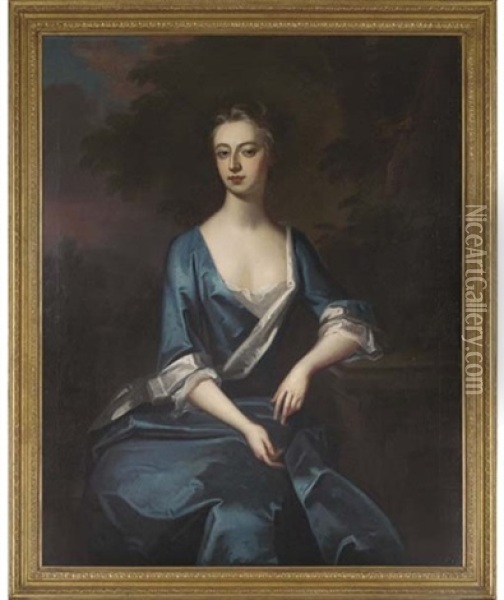 Portrait Of Harriet, Duchess Of Manchester In A Blue And White Lined Dress, Her Left Arm Resting On A Plinth In A Landscape Oil Painting - Michael Dahl