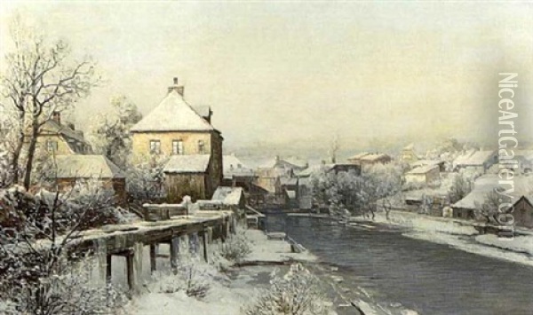 Wintermorgen In Kleiner Stadt Am Fluss Oil Painting - Anders Andersen-Lundby