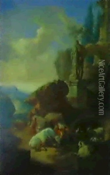 Hirte Und Rastende Herde Vor Romischen Ruinen Oil Painting - Johann Heinrich Roos