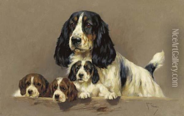 A Cocker Spaniel With Her Puppies Oil Painting - Arthur Wardle