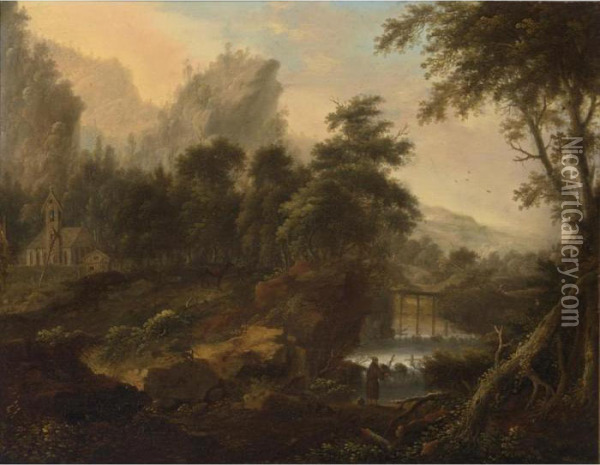 A Wooded Landscape With An Angler By A Waterfall, A Church And Deer In The Background Oil Painting - Johann Christian Vollerdt or Vollaert