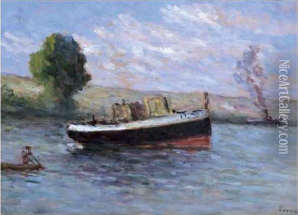 Barque, Remorqueur Et Bateau A Vapeur Sur Une Riviere Oil Painting - Maximilien Luce