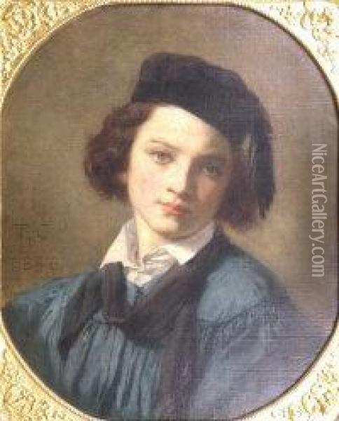 Portrait Of A Young Man Wearing Blue Smock And Tasselledhat Oil Painting - Thomas Couture