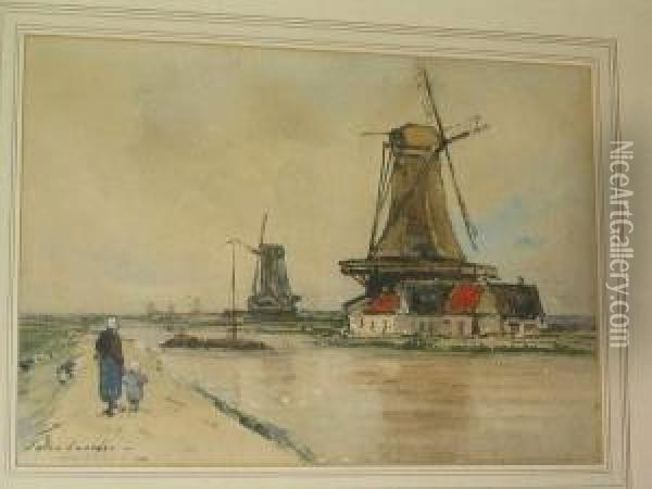 Dutch Canal Scene With Windmills And Figures On The Bank Oil Painting - Jules Lessore