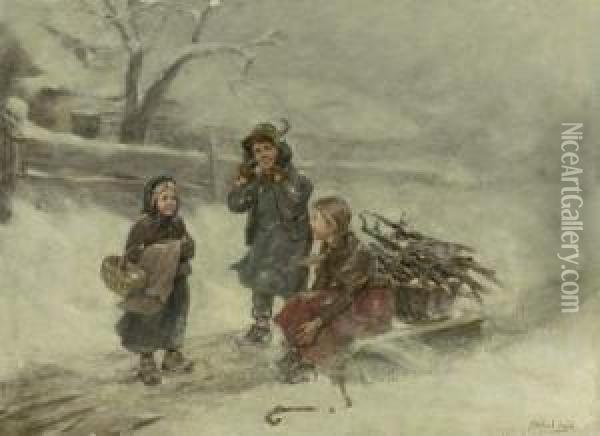 Drei Kinder Auf Verschneiter Dorfstrase Oil Painting - Albert Muller-Lingke
