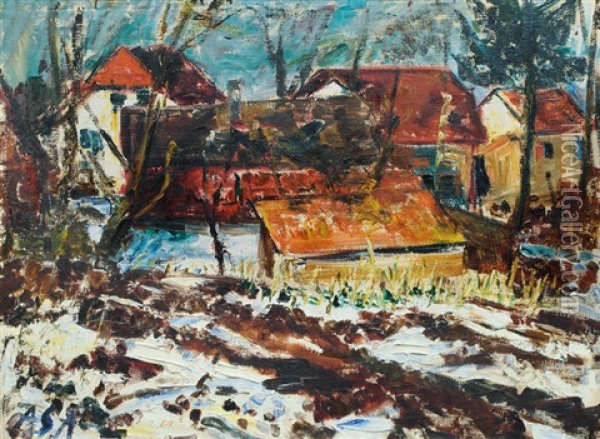 Houses In Worpswede (+ Selbstbildnis Mit Palette, Verso) Oil Painting - Albert Schiestl-Arding