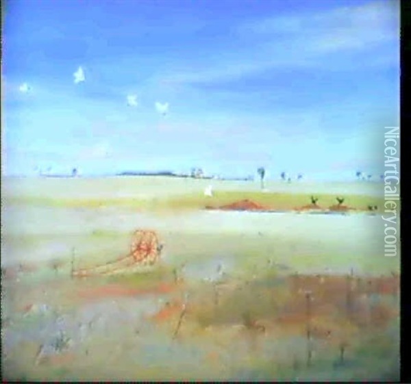 Wimmera; Hayrake, Waterhole And White Cockatoos Oil Painting - Arthur Merric Boyd