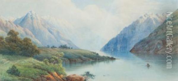 Lake Scene With Row Boat Oil Painting - John Barr Clarke Hoyte