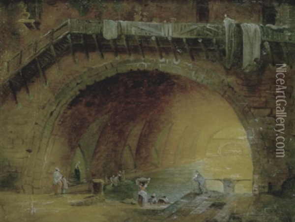 Les Lavandieres Pres Du Pont Oil Painting - Hubert Robert