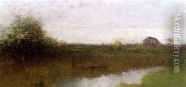 River Landscape With A Barn Oil Painting - William Henry Lippincott