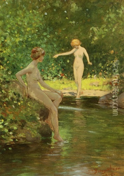Two Nudes Dipping Their Feet In A Pond Oil Painting - John Jay Baumgartner