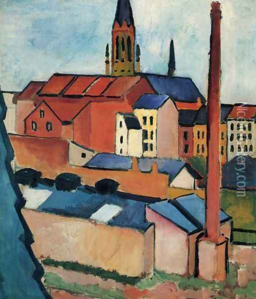 Houses With A Chimney Oil Painting - August Macke