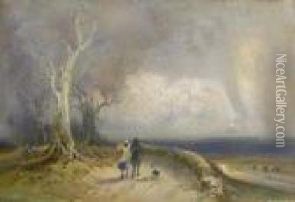 Gathering Storm With Figures Walkingalong A Path Oil Painting - William Manners
