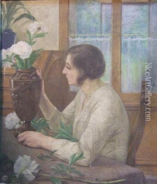 Femme Dressant Un Bouquet De Pivoines Blanches Oil Painting - R.L. Lotthe