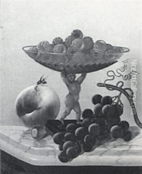 Still Life Of Fruit And A Compote Dish In The Form Of A Putto Oil Painting - Morston Constantine Ream
