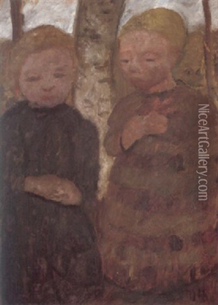 Zwei Madchen Vor Birkenstamm Oil Painting - Paula Modersohn-Becker