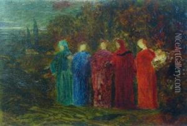 5 Robed Figures In A Landscape Oil Painting - Walter E. Spindler