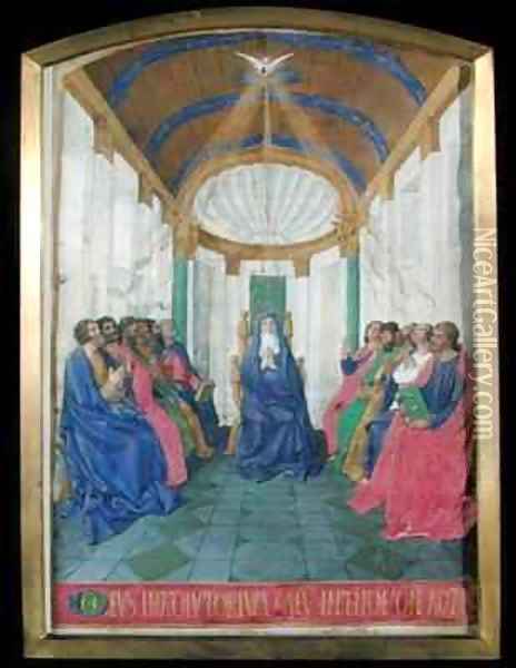 Pentecost from the Hours of the Cross and the Holy Spirit from the Hours of Etienne Chevalier Oil Painting - Jean Fouquet