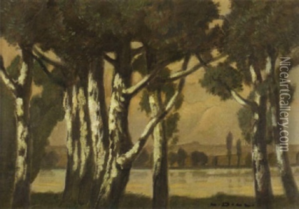 Birken Am See Im Abendlicht Oil Painting - Ludwig Dill