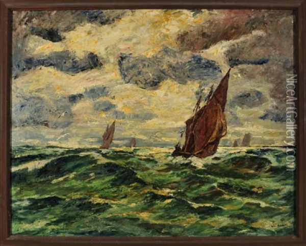 Segelboote Auf Sturmischer See (+ Segelboot Im Sturm Mit Sonnenaufgang (study), Verso) Oil Painting - Wilhelm Schmetz