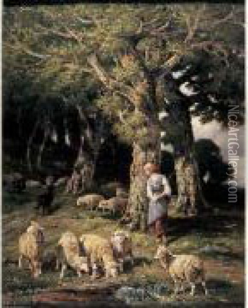 Bergere Gardant Ses Moutons Oil Painting - Charles Ferdinand Ceramano