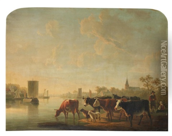 Drovers With Cattle By A River Oil Painting - Jacob Van Stry