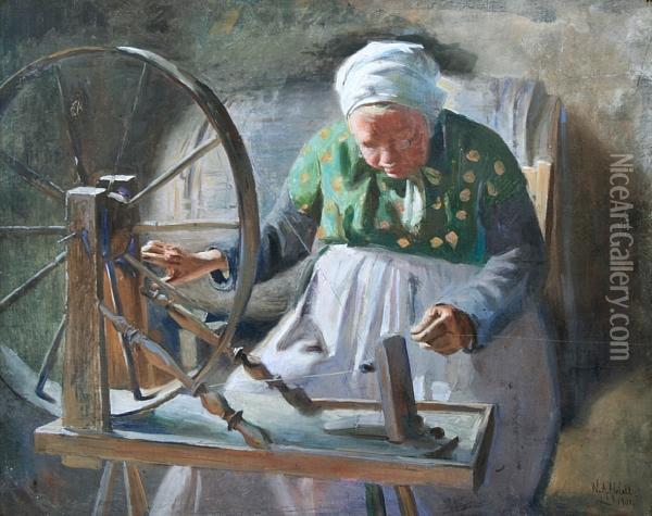 The Spinning Wheel Oil Painting - William Albert Ablett