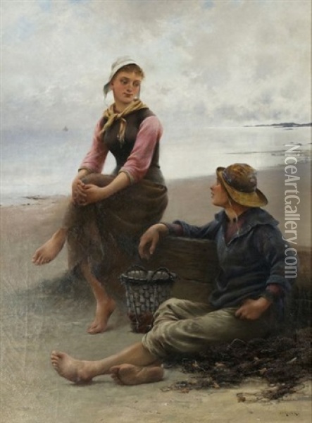 Conversation By The Sea Oil Painting - August Vilhelm Nikolaus Hagborg