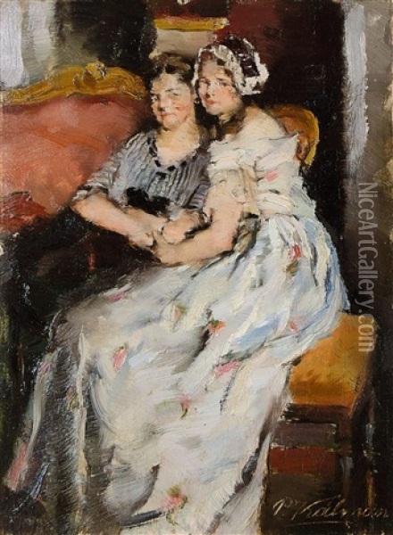 Zwei Junge Frauen Auf Dem Sofa Oil Painting - Peter Kalman