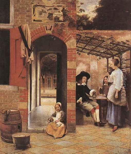 Drinkers in the Bower Oil Painting - Pieter De Hooch